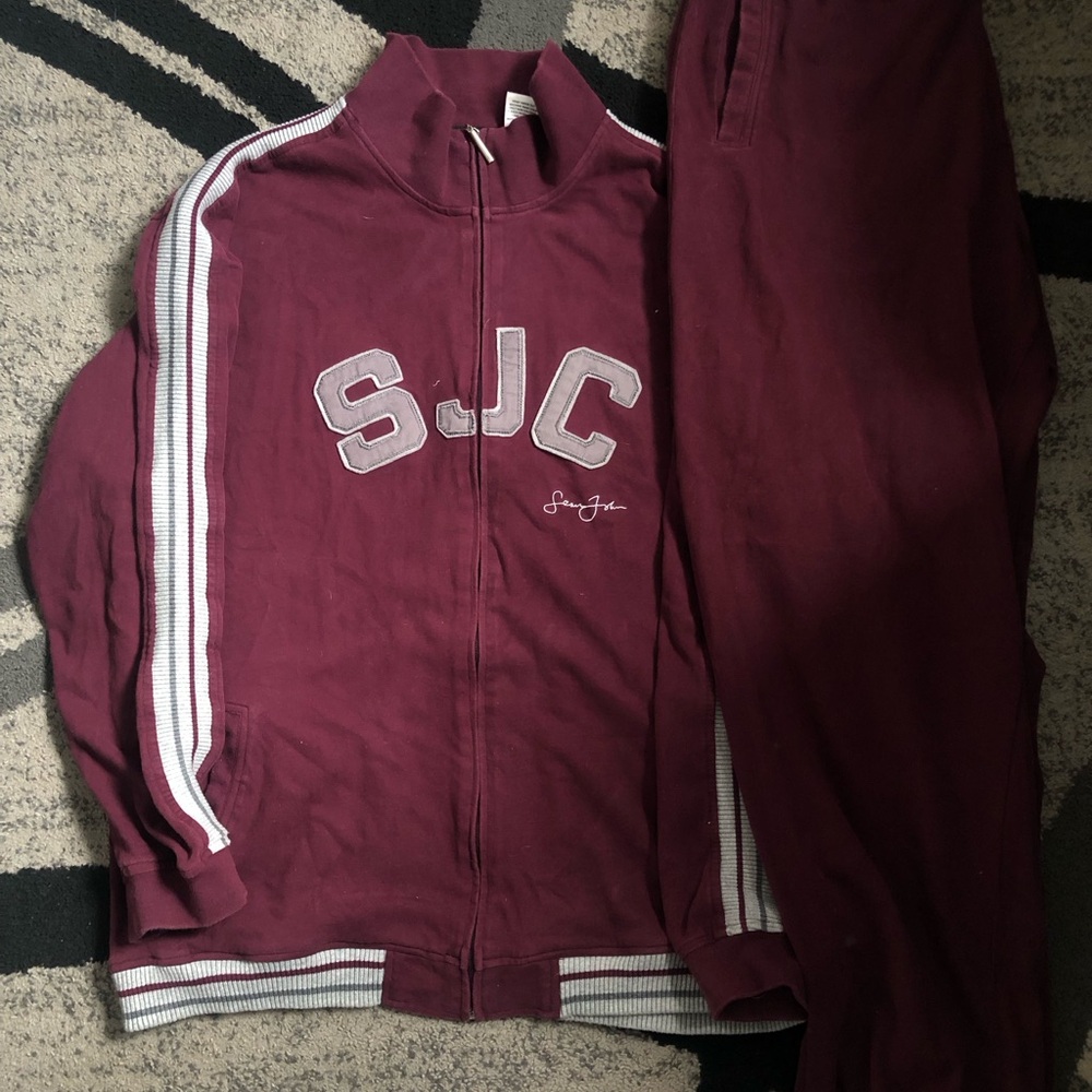 Sean John Burgundy Track Jacket and Pants with White Stripes
